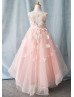 Beaded Tulle 3D Flowers High Low Keyhole Back Flower Girl Dress